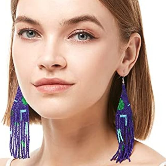 Long 5" Abstract Shapes Navy Blue Handmade Beaded Oversized Bohemian Earrings - Picture 3 of 5